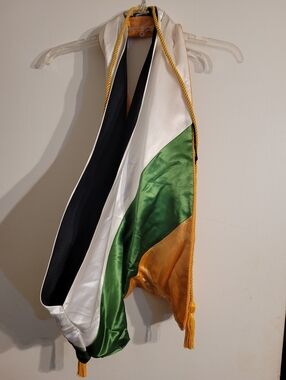 Green, White. Gold. and black Satin masters of science hood worn once